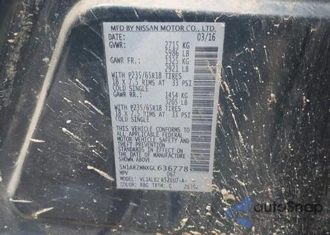 2016 Nissan Pathfinder S z USA, uszkodzony, nr VIN 5N1AR2MNXGC636778